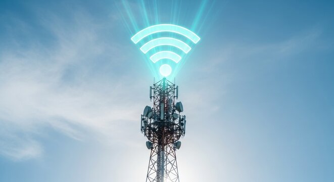A tall telecommunication tower with antennas transmits a powerful glowing blue wifi symbol and 5G network signal waves against a bright blue sky representing global internet connectivity