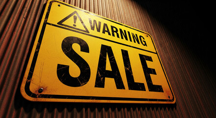 Yellow warning sign with text "SALE" and exclamation mark on metal background, symbolizing retail promotion, discount, business opportunity
