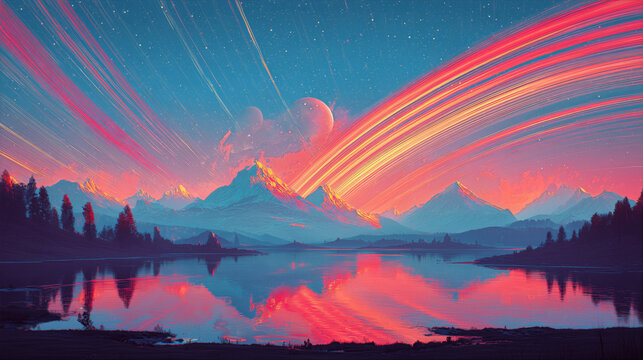 Colorful planetary rings blaze across the sky as mountain peaks and a still lake glow in a surreal alien sunset.