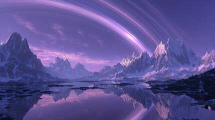 Sharp snow-covered ridges rise from dark ground beneath lavender skies and massive rings, reflected in an icy alien lake.
