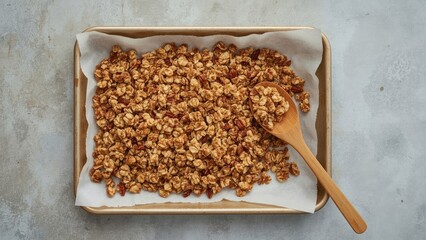 Cereal granola in a tray with parchment paper and a wooden scoop. Breakfast and snack concept. Healthy food and nutrition. The concept of natural and wholesome eating