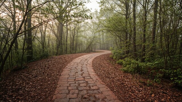 Path in the forest with trees and green foliage, dirt and stone pathway, peaceful natural landscape, wilderness and outdoor nature setting.