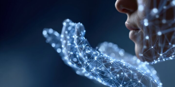 Futuristic ai concept with digital hand and profile of young female
