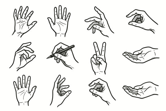 Hand peace pen open expressive pinching icon palm reaching gesture vector