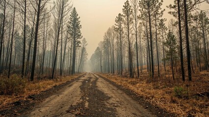 Obraz premium A dirt road through a forest of tall, thin trees with smoke or haze in the background.