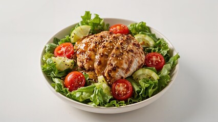 Fresh salad with grilled chicken, cherry tomatoes, cucumber, and lettuce in a white bowl.