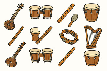 Icon shaker tambourine music sitar harp vector traditional flute bongo world icons