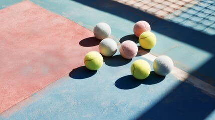 Colorful tennis balls scattered on a court during daylight near the net