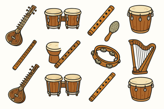 Icon shaker tambourine music sitar harp vector traditional flute bongo world icons
