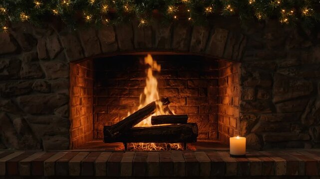 Cozy fireplace with burning logs and a lit candle on a brick hearth at night image photo