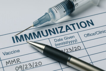 Immunization record form with syringe pen and vaccine notation measles + childhood immunization written as reminder for parents and healthcare staff
