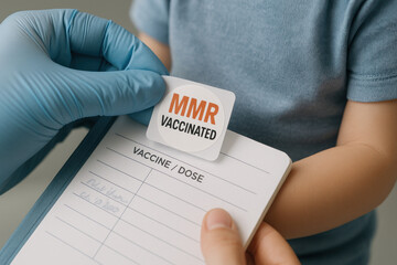 Mmr vaccinated sticker childhood immunization record card measles + vaccine in clinic showing pediatric dose and protective care