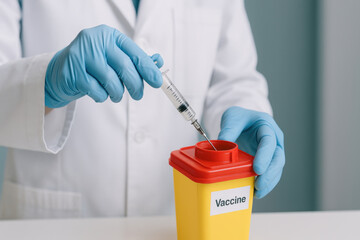 Measles vaccine + childhood immunization syringe vaccine medical healthcare doctor glove sharps container injection clinic medicine prevention pediatric sterile safety disposal hospital white coat