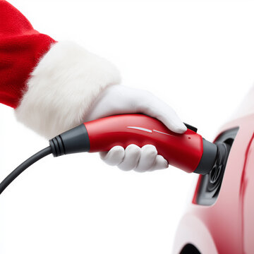 Santa Claus holds electric car charging plug. Santa's gloved hands insert charging cable into electric car. Side view, isolated on a white background
