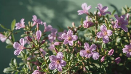 Obraz premium Purple flowers with green leaves in sunlight, blooming.