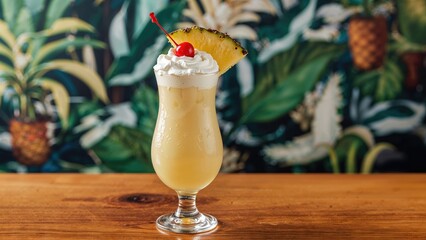 A tropical cocktail with pineapple and cherry garnish served on a wooden table with lush foliage background