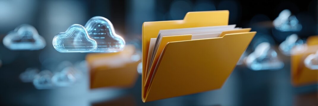 Digital cloud storage concept with yellow file folders and 3d cloud icons