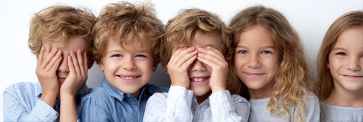 Group of caucasian children smiling and playing peekaboo against a white background