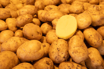 Fresh potatoes on market stall. Raw potatoes for sale at farmer’s market. Organic potatoes displayed at local market.