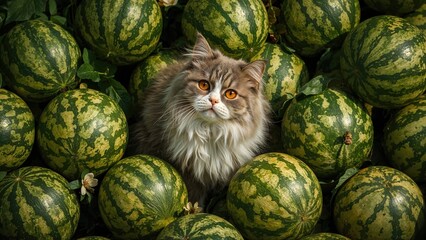 A cat surrounded by watermelons in a garden or field.