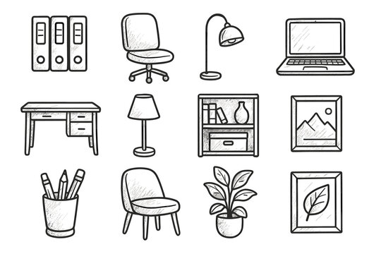 Chair workspace art table home vector icon cozy laptop essentials framed icons