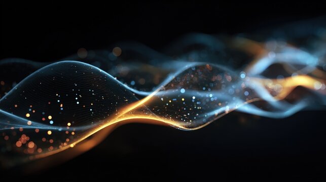 flowing digital data or energy. Glowing blue and gold particle waves and light trails convey concepts of communication, quantum technology, big data analysis, high-speed connection, digital networking