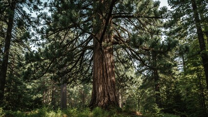 A large pine tree in a dense forest with sunlight filtering through the branches.