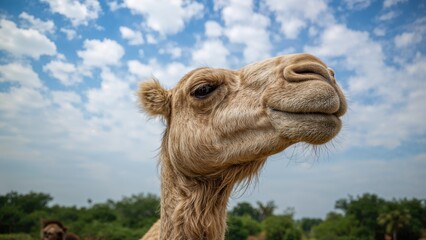 Obraz premium Close-up of a camel's face with a blue sky, green landscape, and clouds in the background.
