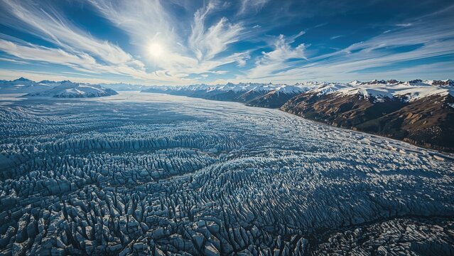 Aerial view of glacier with snow-capped mountains and bright sun in the sky.
