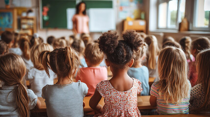 Group of multiethnic children sitting in classroom listening to teacher