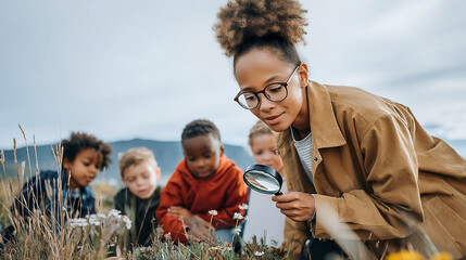 Outdoor education with teacher and multiethnic children exploring nature