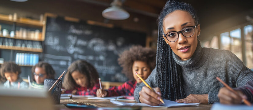 Teacher with glasses guiding diverse students in a creative classroom - Powered by Adobe