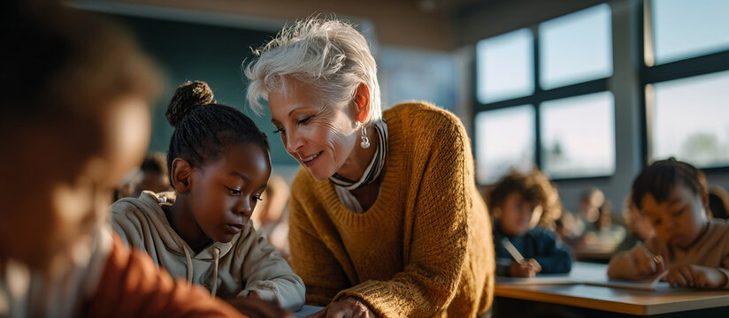 Senior teacher helping young student during class in a sunny classroom - Powered by Adobe