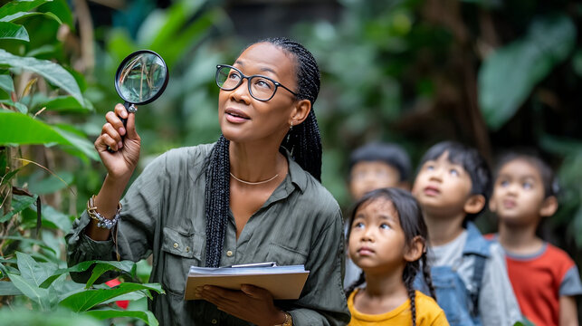 Asian teacher exploring tropical forest with children during outdoor science class - Powered by Adobe