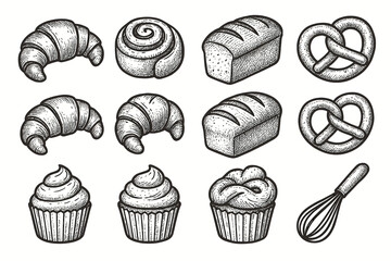 Cinnamon croissant cupcake icon collection loaf vector pretzel whisk roll bakery