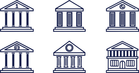Fototapeta premium Blue Outline Icons of Classical Buildings with Columns and Pediments building icon architecture