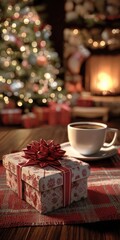 Christmas gift and coffee near decorated tree by fireplace