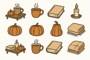 Vector book icon mood pumpkin cozy autumn candle blanket icons setup steaming