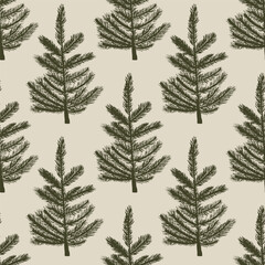 Seamless pattern with monochrome pine tree. Perfect for winter designs, Christmas packaging, wrapping paper, textiles, and botanical backgrounds.