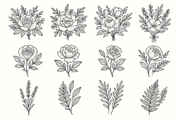 Peonies set floral leaf foliage roses vector mix fern icon lavender bouquet