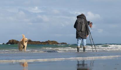 Photographe avec son chien sur une plage en Bretagne