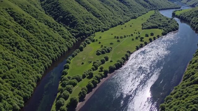 aerial river valley with winding water. sunlit meander through lush green meadows flanked by dense forested hills, shimmering reflections on rippling surface, panoramic tranquility perfect for eco