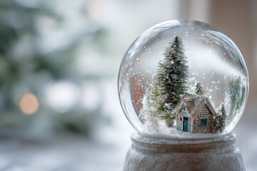 Macro swirling flakes inside snow globe with crisp refractions and soft light