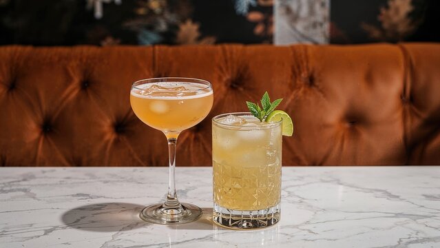 Two cocktails with lime garnish on a marble table in front of a brown cushioned backdrop.