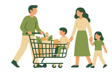 Family grocery shopping with cart in flat modern style