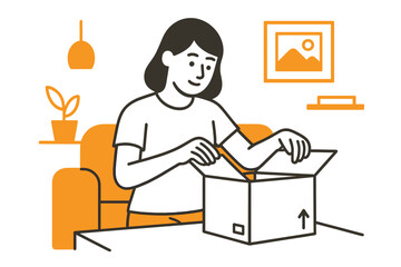 Person opening package in cozy room setting with warm tones