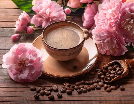 gentle morning greeting with coffee pink flowers and rustic charm on wood