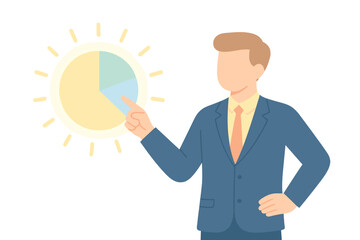 Businessman presenting glowing pie chart in minimalist design with gradient effect