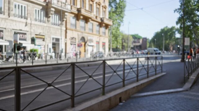 Blurred rome street with shallow bokeh and defocused building facades, outdoor; background backplate copyspace calm.