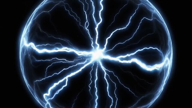 Abstract concept of electric power. Animation. Beautiful abstract lightning and bright light in energy ball with zippers on the black background.